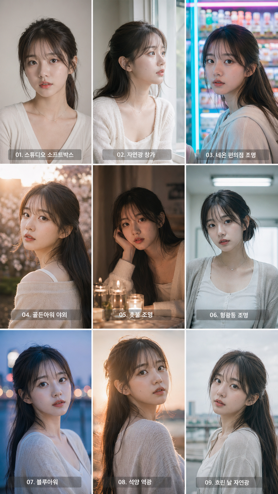 Korean K-pop idol nine-frame photoshoot grid