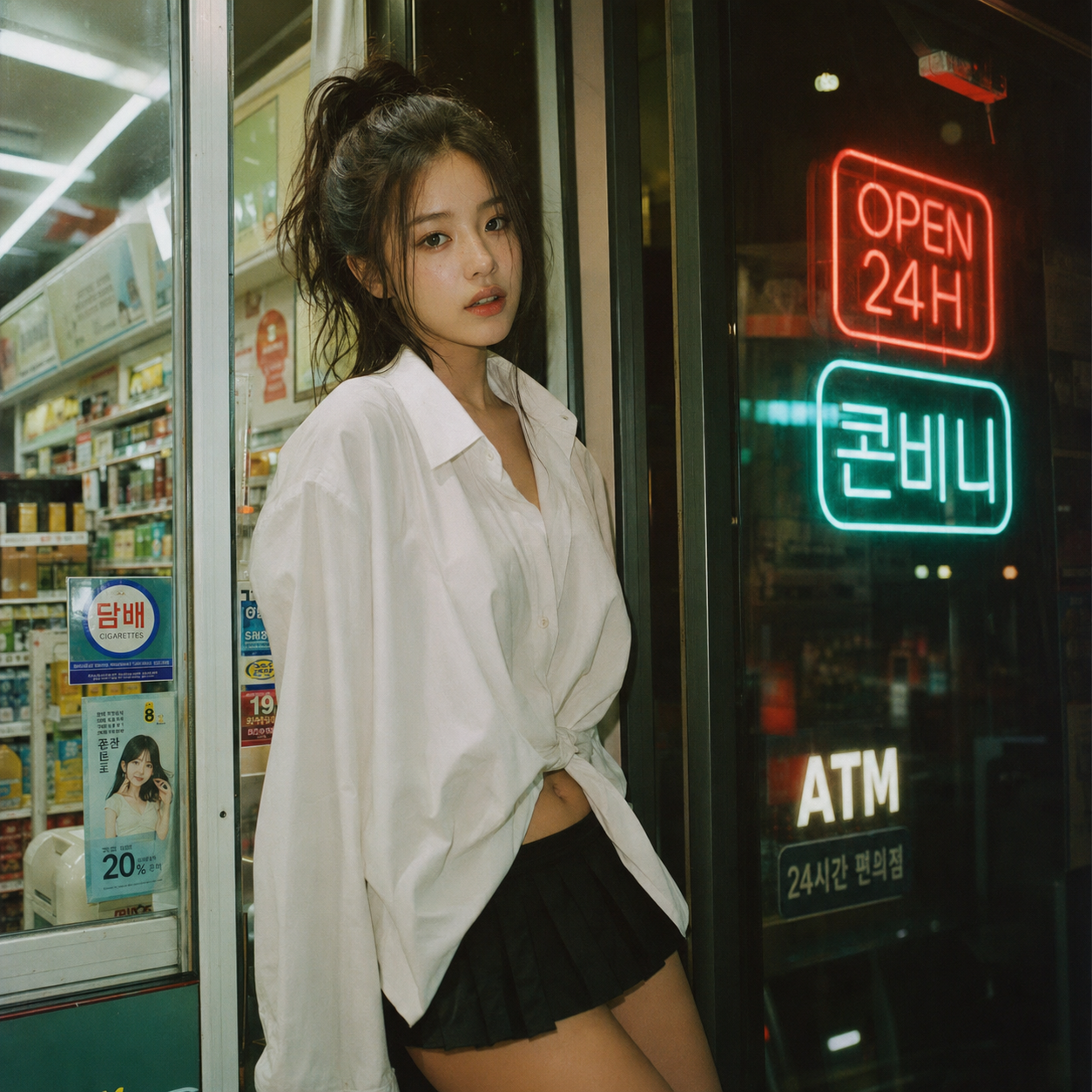 convenience store neon film portrait
