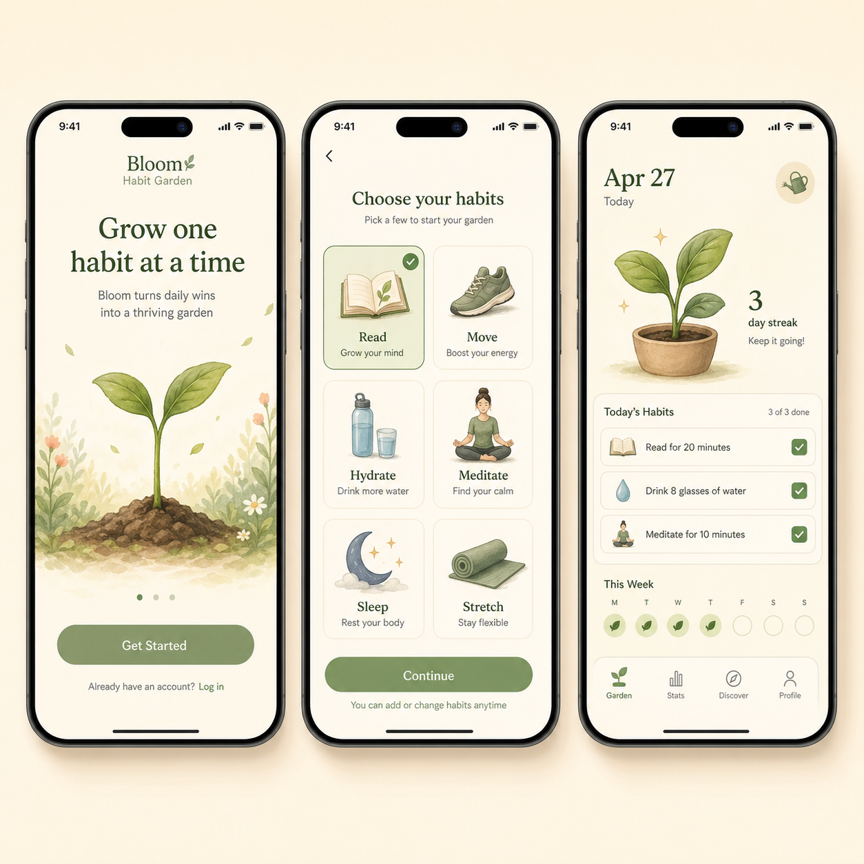 three-screen mobile app UI mockup