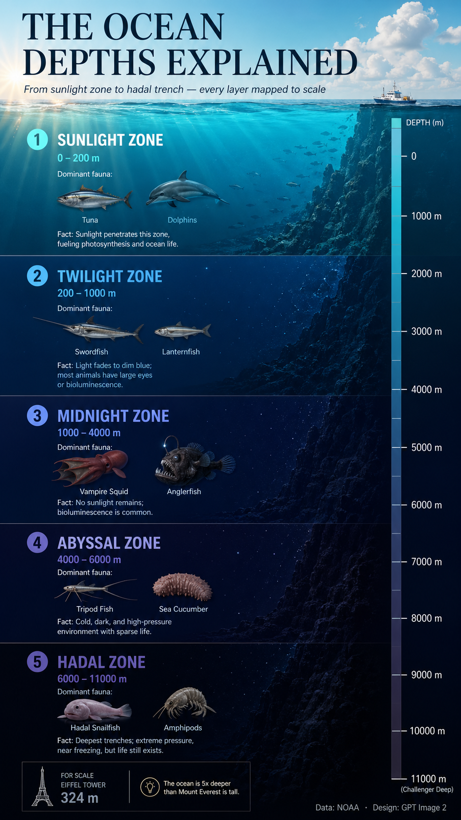 ocean depth zones educational infographic