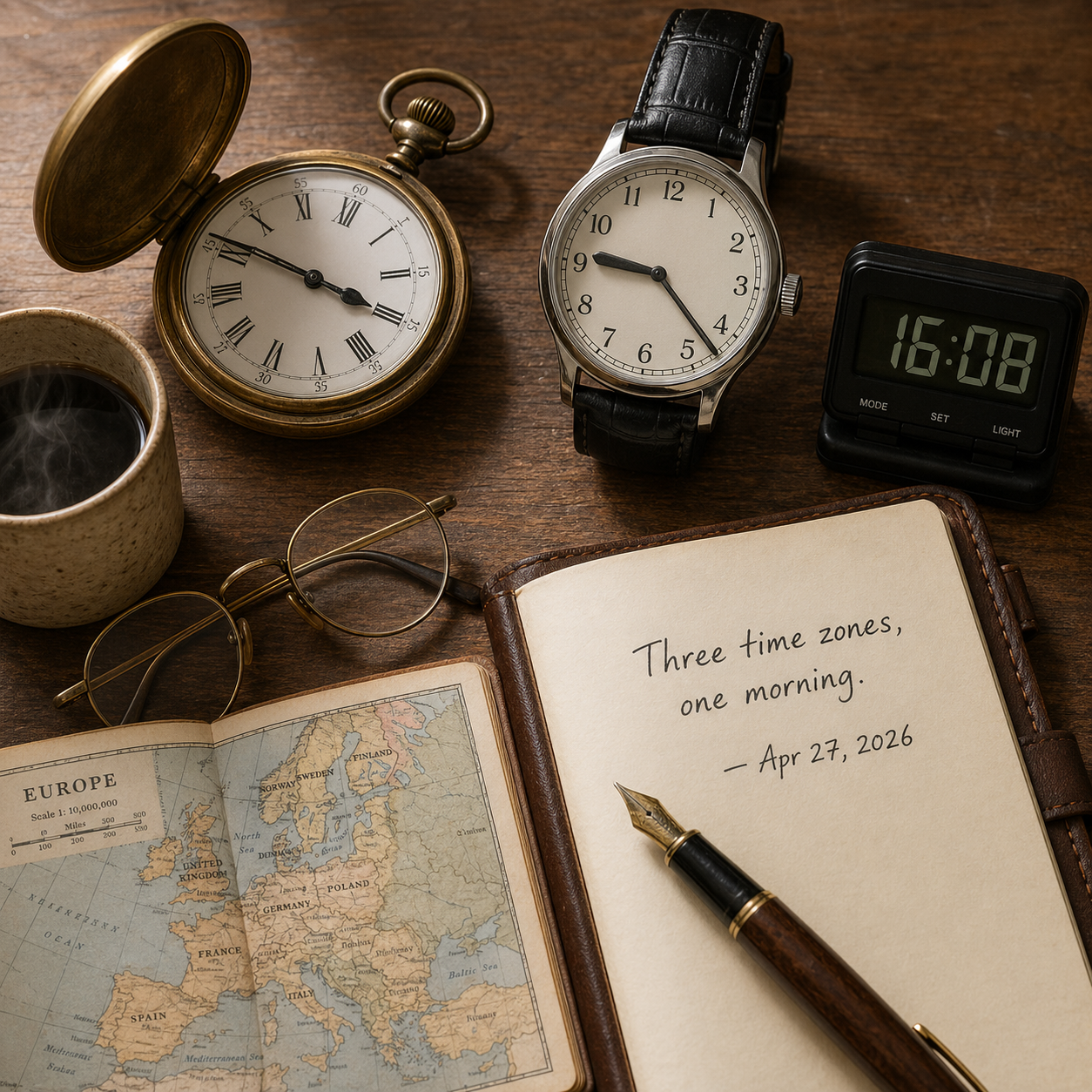 three accurate timepieces still life